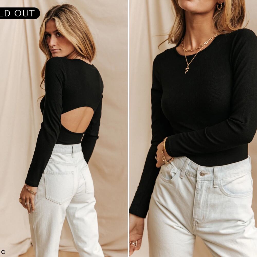 Bohme Noelle Ribbed Open Back Black Bodysuit‎ Medium Long Sleeve Chic Classic